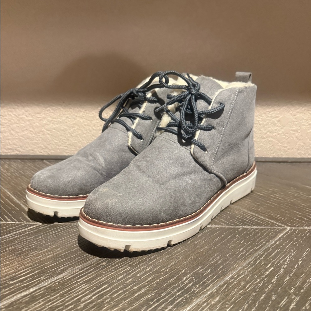Grey Faux Suede Ankle Boots Sherpa Lined Lace Up Booties Size 8 cozy boots